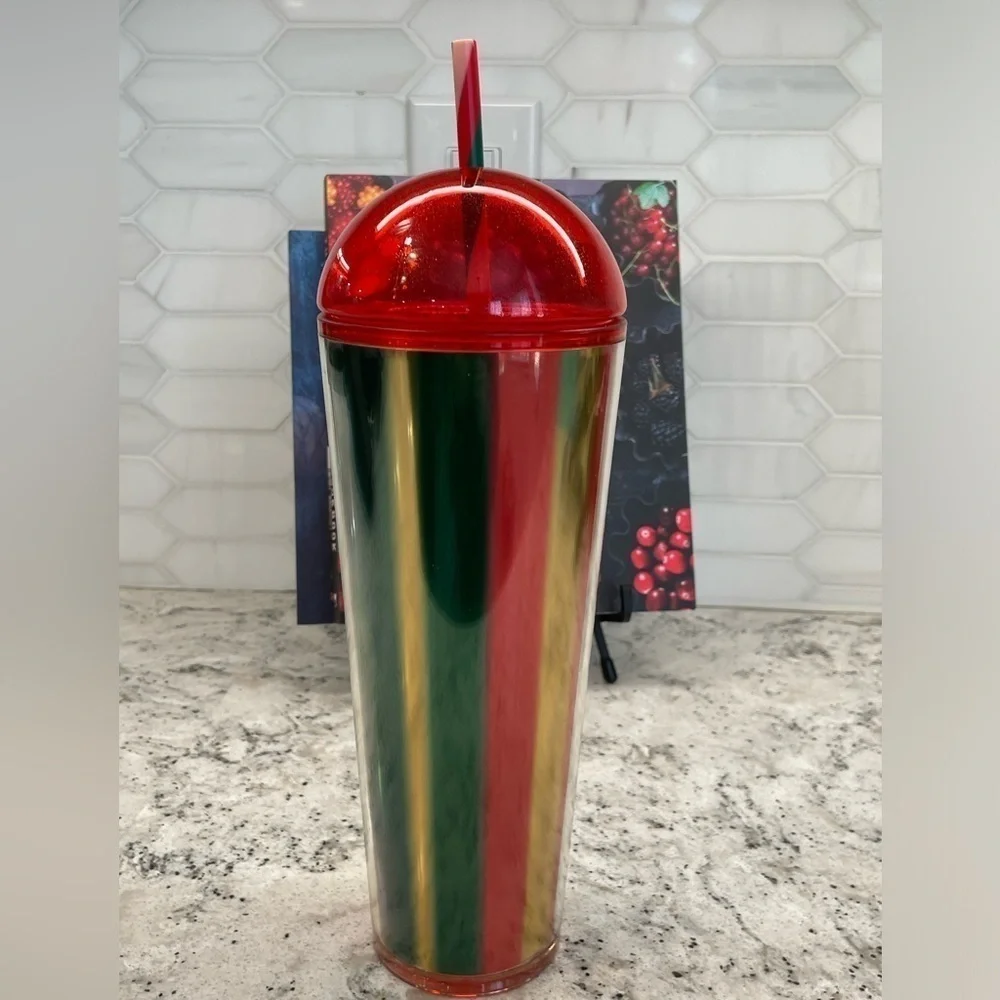 Starbucks 2024 Metallic Red Green & Gold Stripe Cold Cup Dome Tumbler. NWT. WOW!